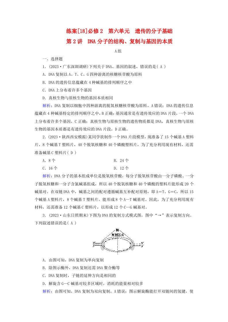 新高考适用2024版高考生物一轮总复习练案18必修2遗传与进化第六单元遗传的分子基础第2讲DNA分子的结构复制与基因的本质