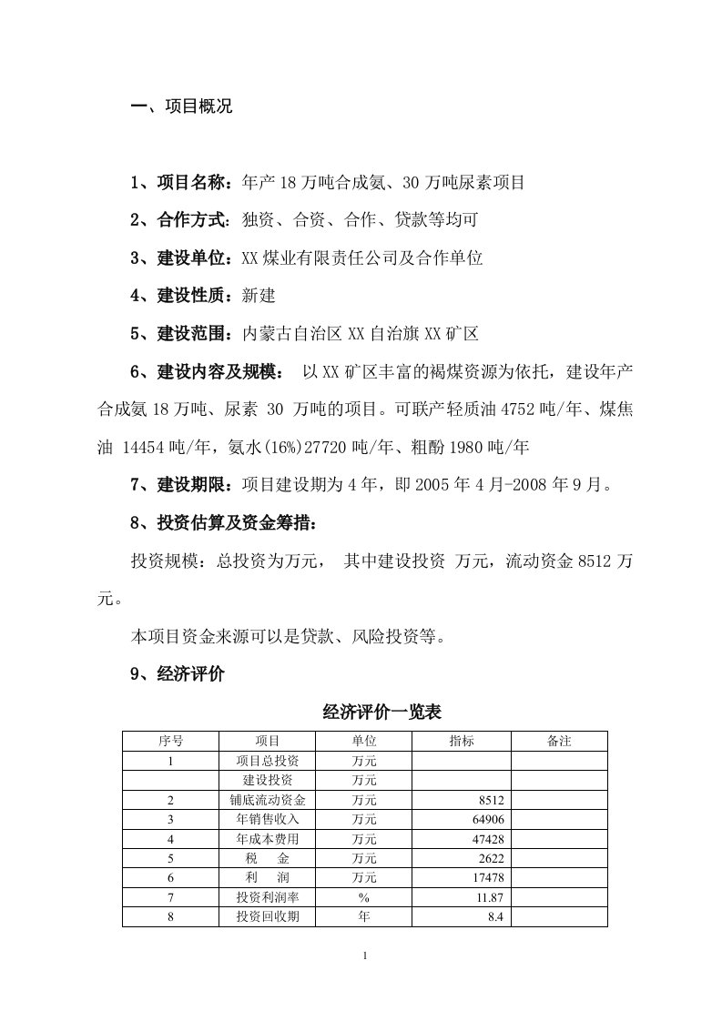 年产18万吨合成氨、30万吨尿素项目建议书