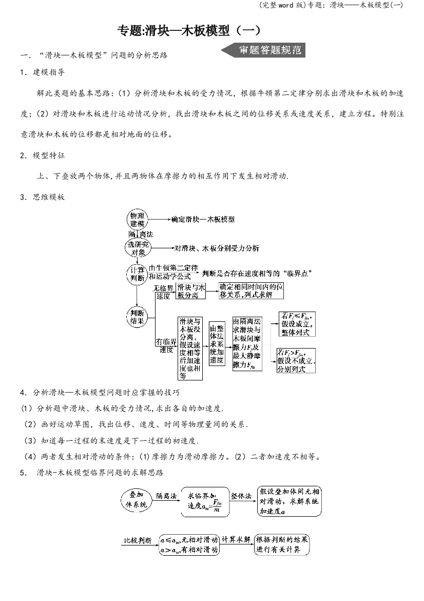 专题：滑块——木板模型(一)