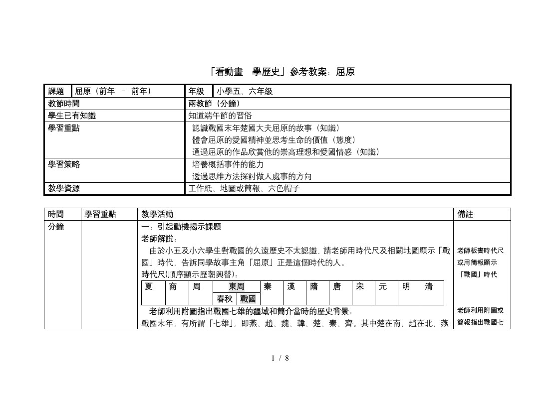 「看动画学历史」参考教案屈原