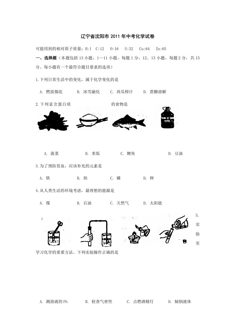 2011年辽宁省沈阳市中考化学试题