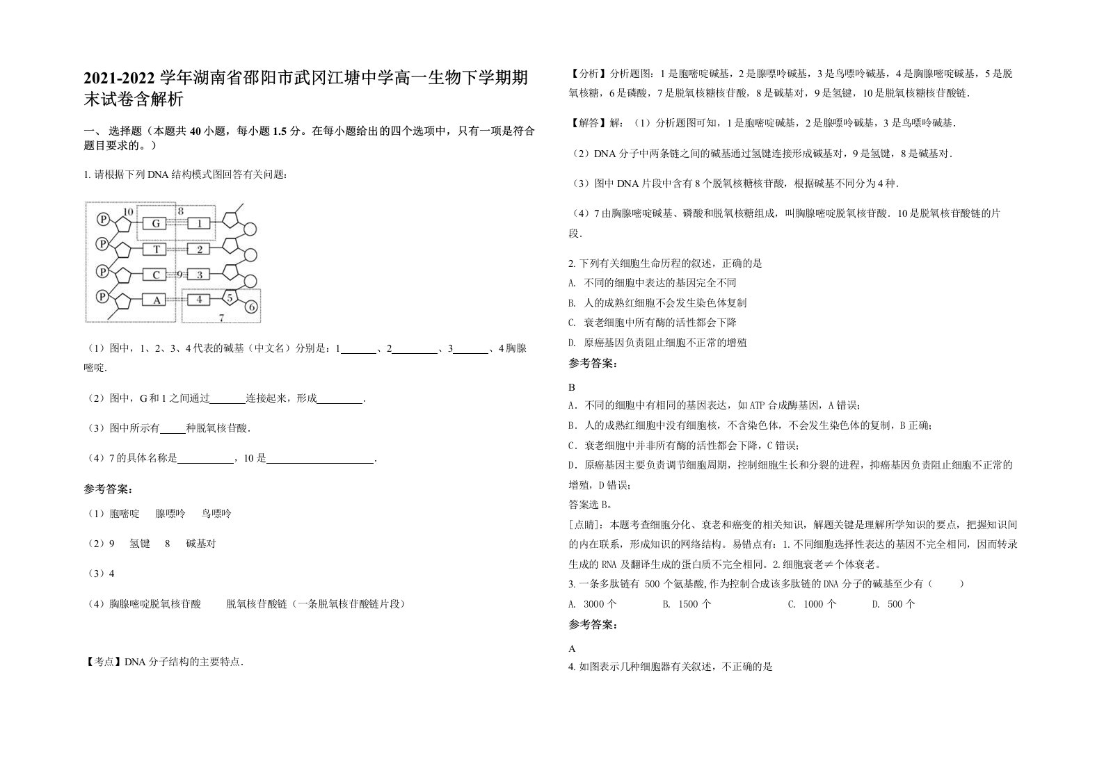 2021-2022学年湖南省邵阳市武冈江塘中学高一生物下学期期末试卷含解析