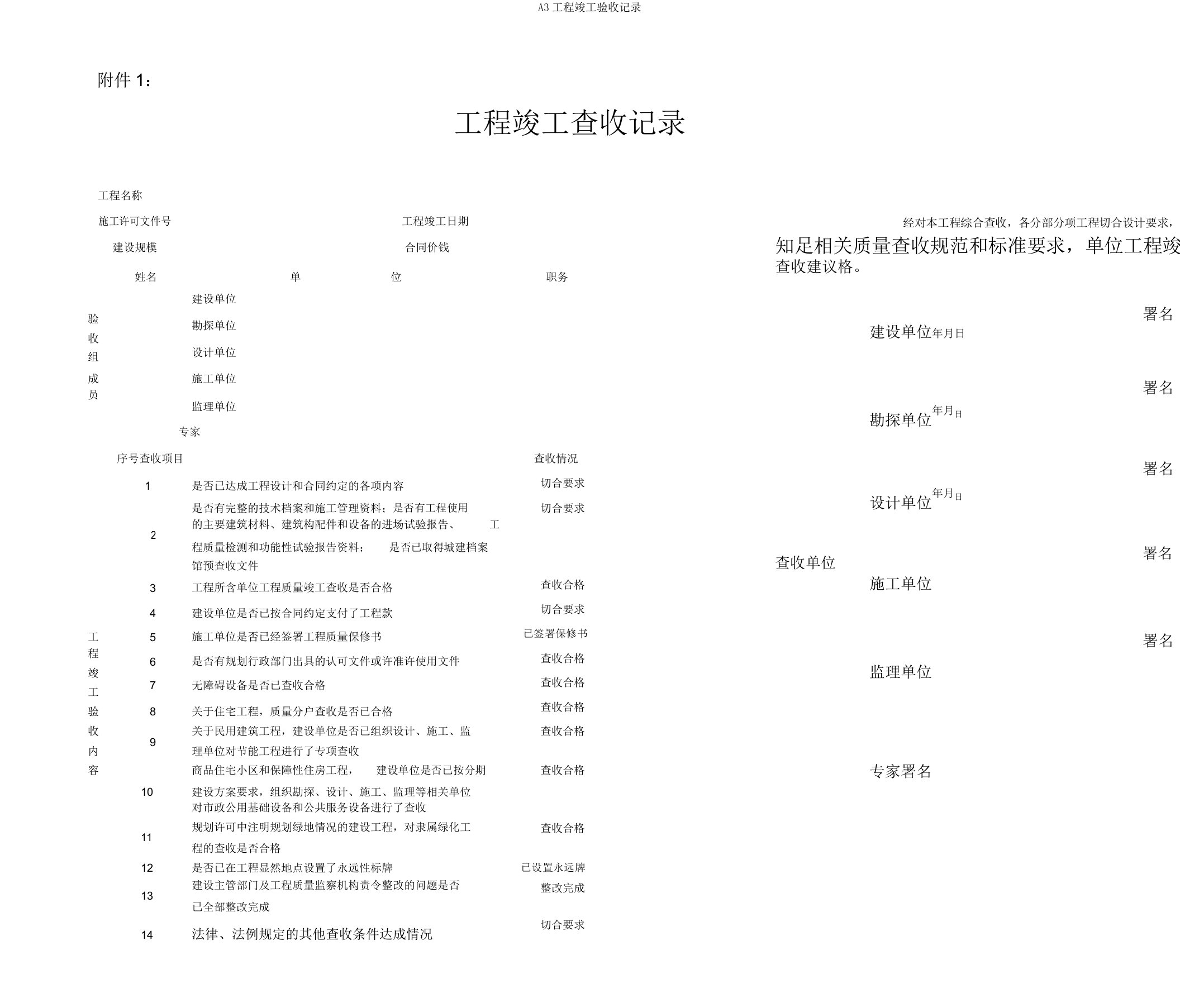 A3工程竣工验收记录