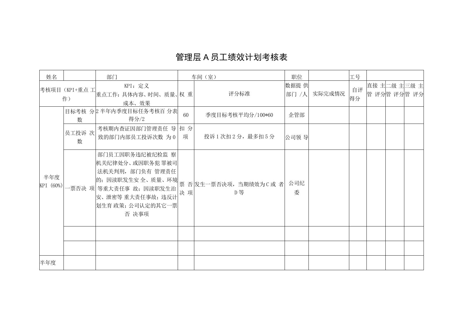 管理层A员工绩效计划考核表