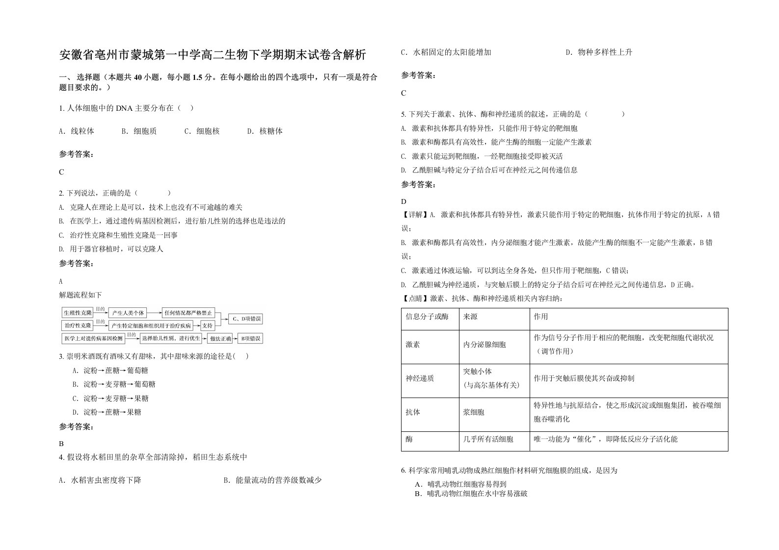 安徽省亳州市蒙城第一中学高二生物下学期期末试卷含解析