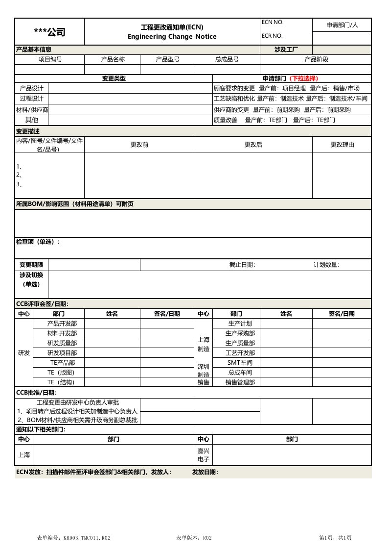 工程变更通知单(ECN)模板