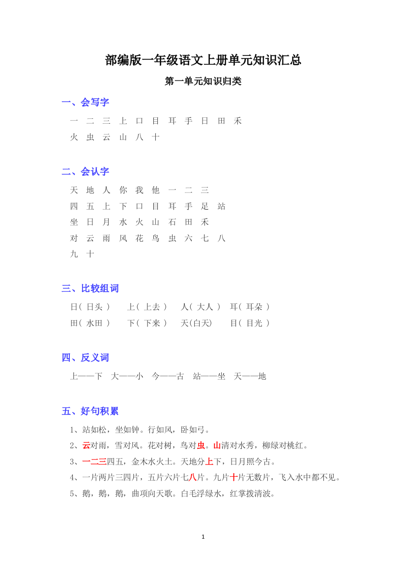 部编版一年级语文上册基础知识