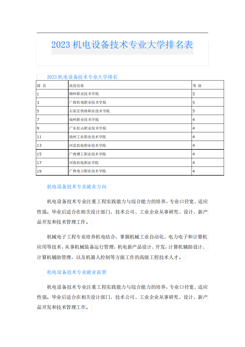 2023机电设备技术专业大学排名表