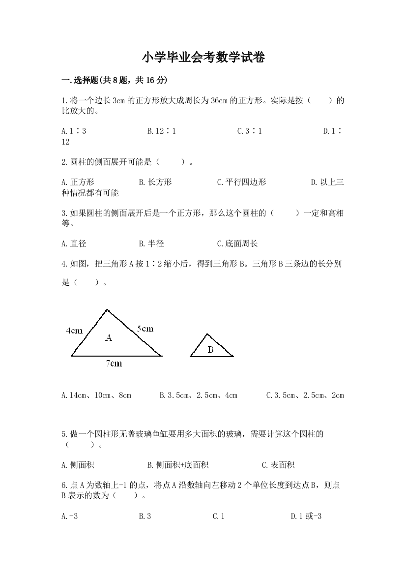 小学毕业会考数学试卷【典优】