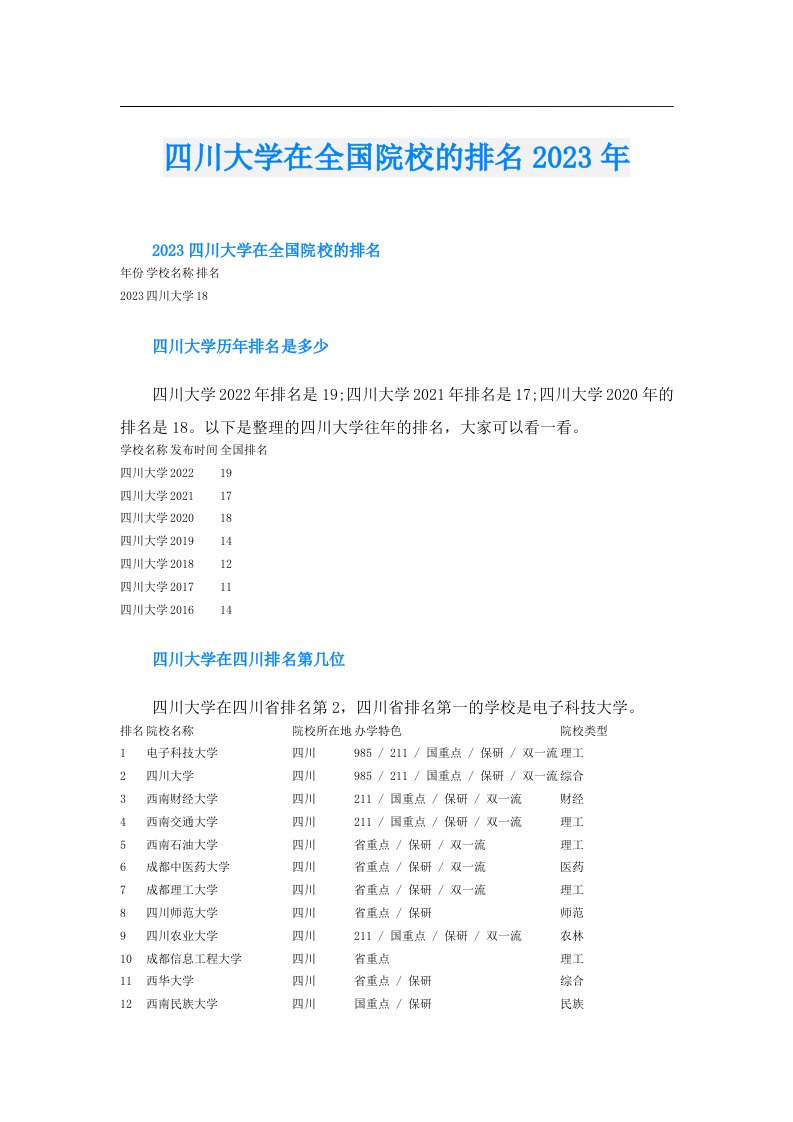 四川大学在全国院校的排名