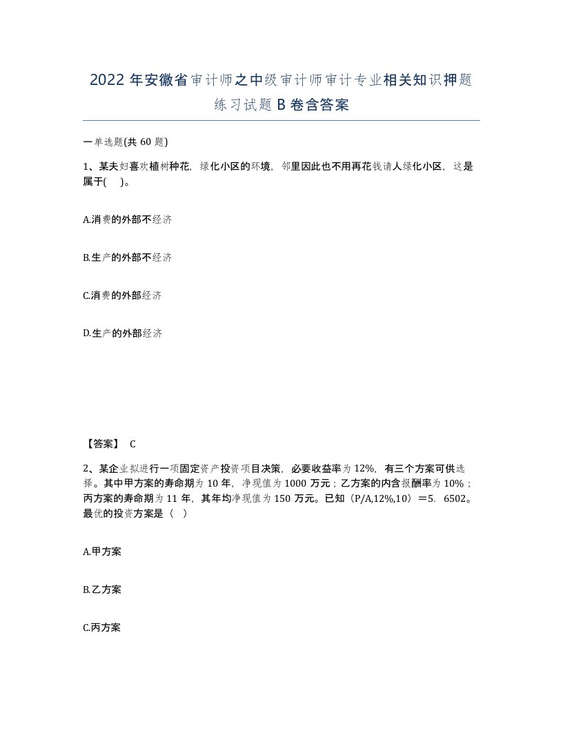 2022年安徽省审计师之中级审计师审计专业相关知识押题练习试题B卷含答案