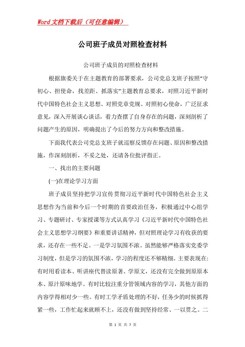 公司班子成员对照检查材料