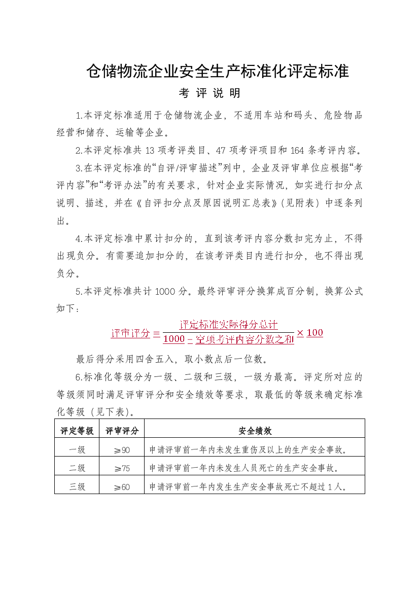 仓储物流企业安全生产标准化评定标准