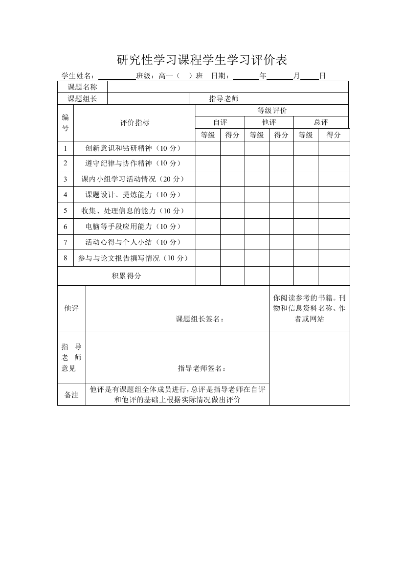 研究性学习课程学生学习评价表