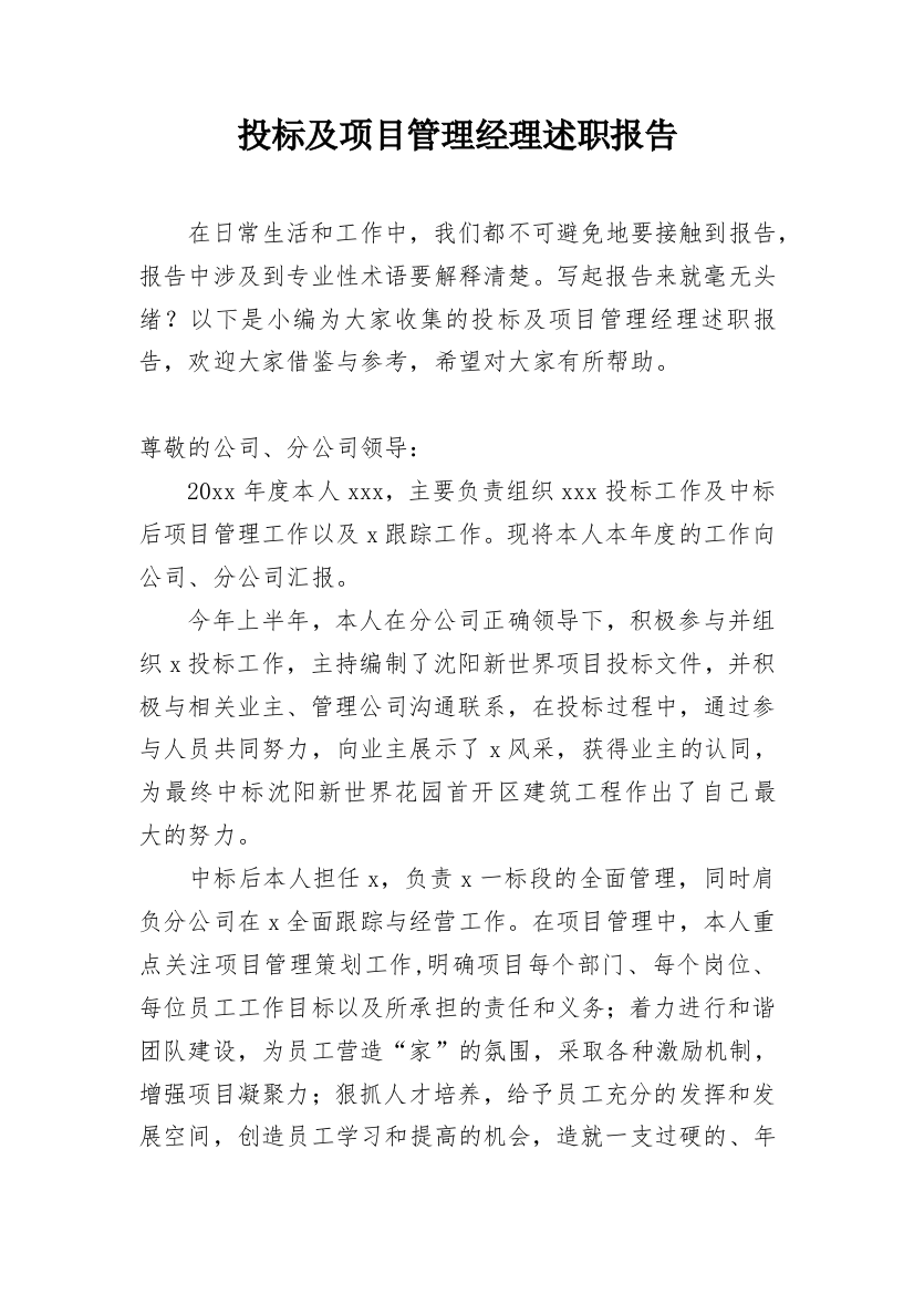 投标及项目管理经理述职报告