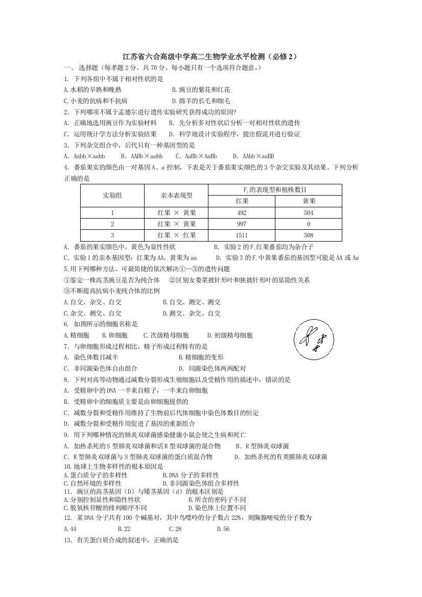 江苏省六合高级中学高二生物学业水平检测