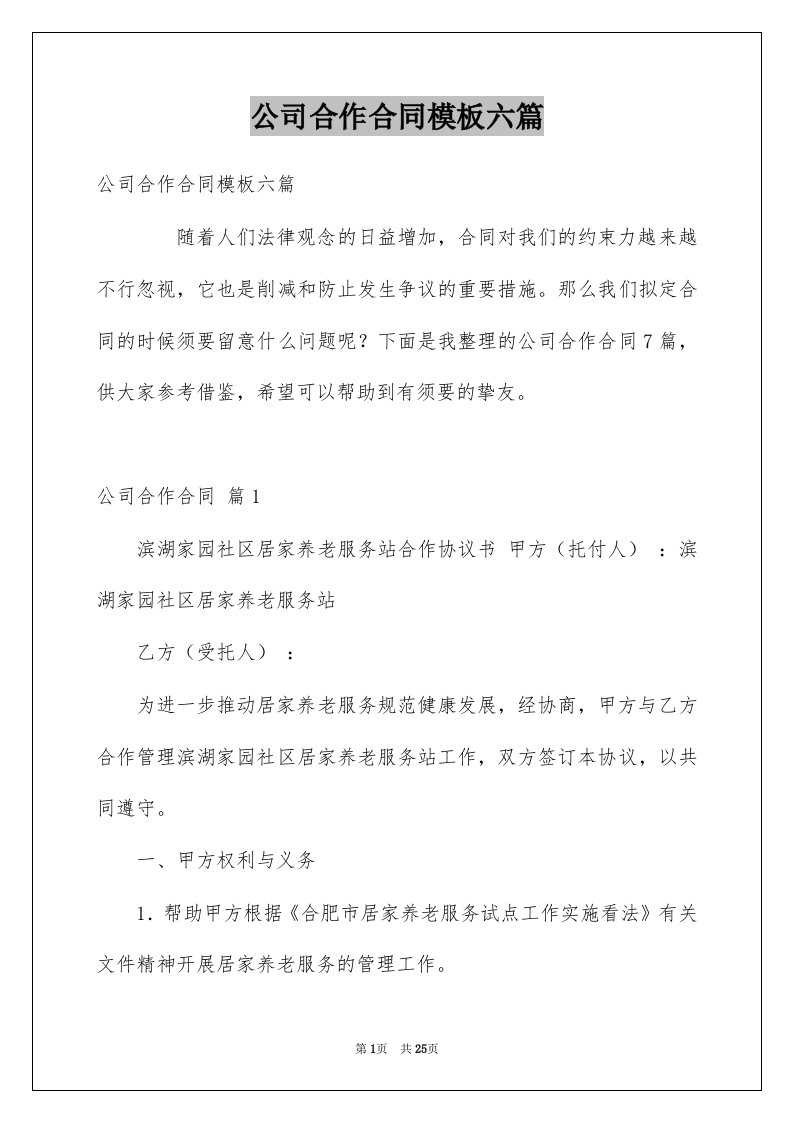 公司合作合同模板六篇