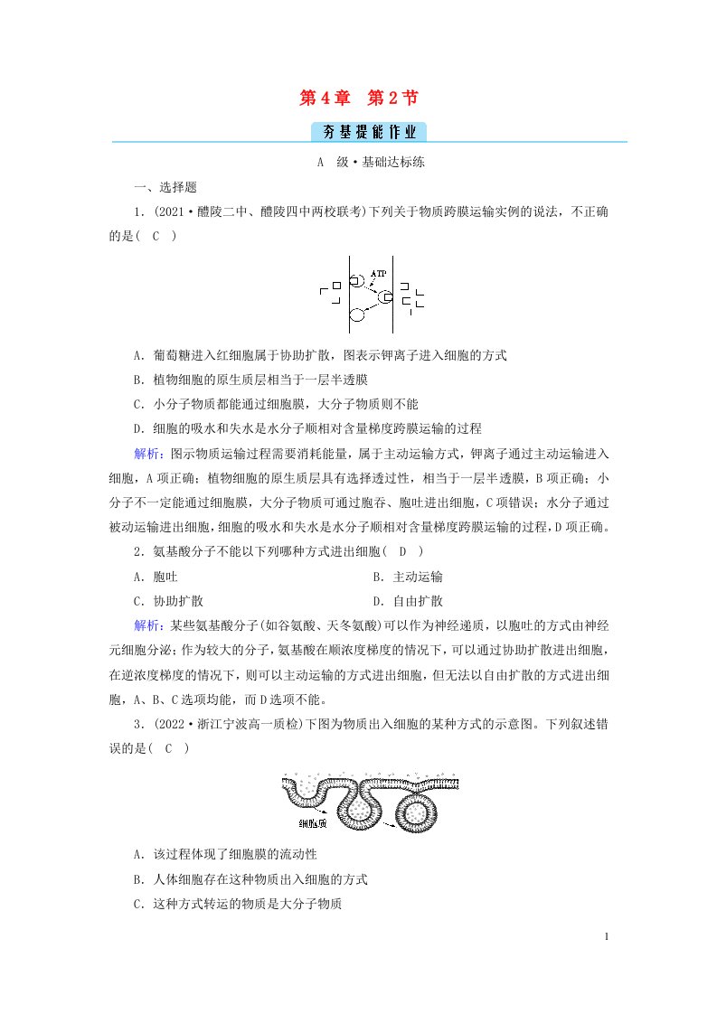 新教材2023年高中生物第4章细胞的物质输入和输出第2节主动运输与胞吞胞吐夯基提能作业新人教版必修1