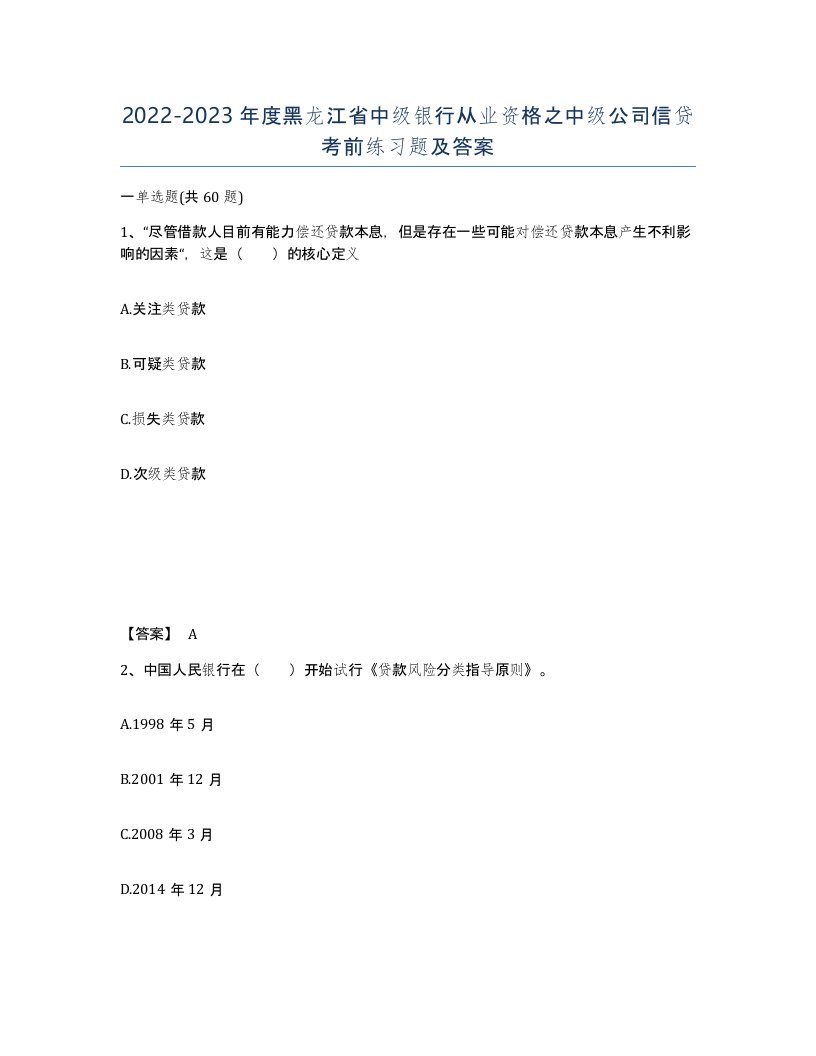 2022-2023年度黑龙江省中级银行从业资格之中级公司信贷考前练习题及答案