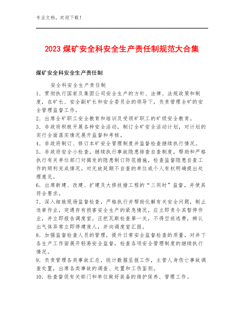 2023煤矿安全科安全生产责任制规范大合集