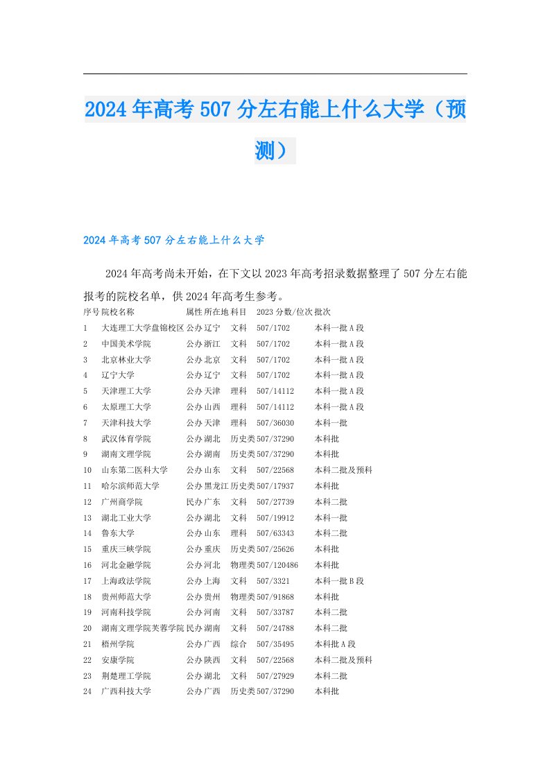 2024年高考507分左右能上什么大学（预测）