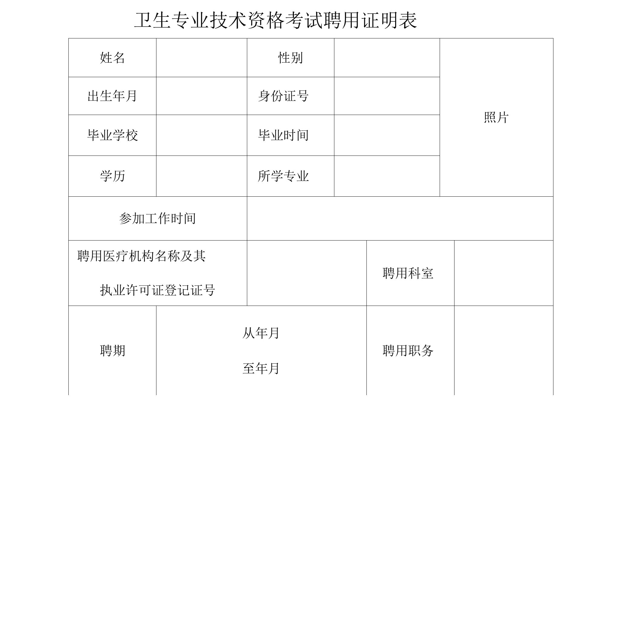 卫生专业技术资格考试聘用证明表