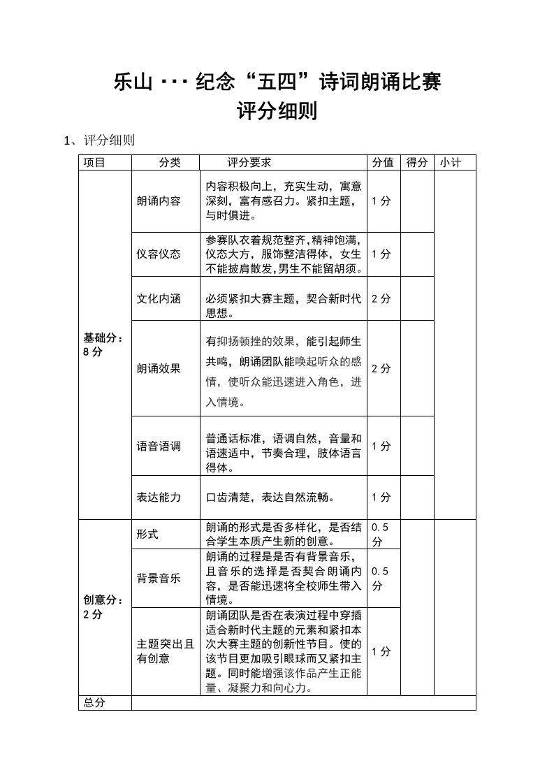 朗诵评分标准