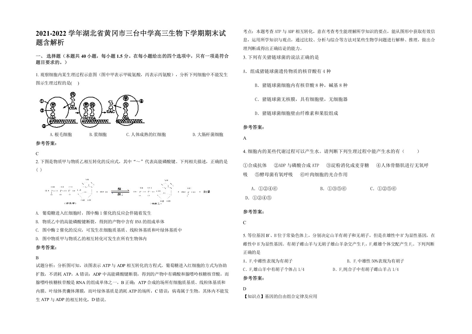 2021-2022学年湖北省黄冈市三台中学高三生物下学期期末试题含解析