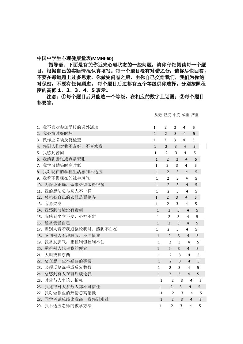 中国中学生心理健康量表(MMHI-60)(包括评分规则及诊断标准)