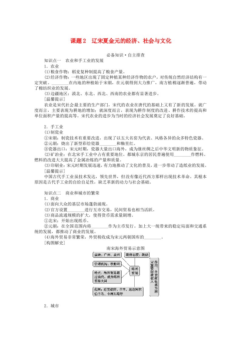 2022届新教材高考历史一轮复习第三单元辽宋夏金多民族政权的并立与元朝的统一3.2辽宋夏金元的经济社会与文化学案新人教版