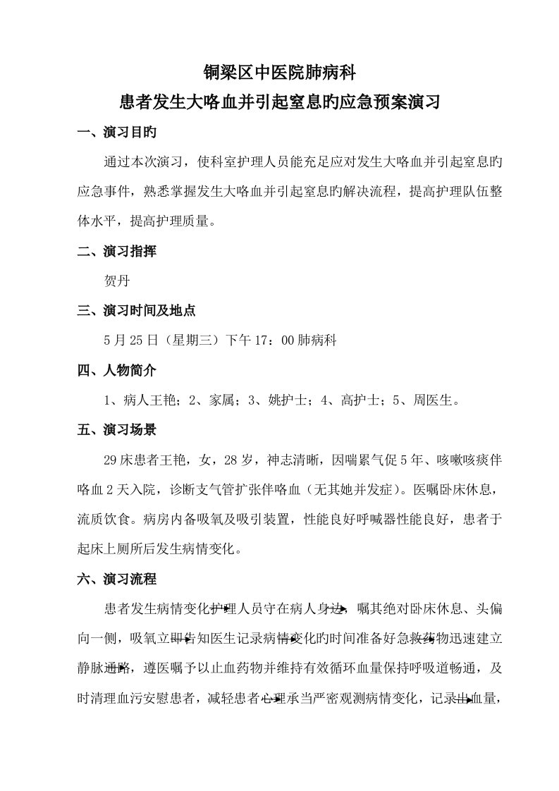 铜梁区中医院肺病科患者发生大咯血并引起窒息的应急全新预案演练副本