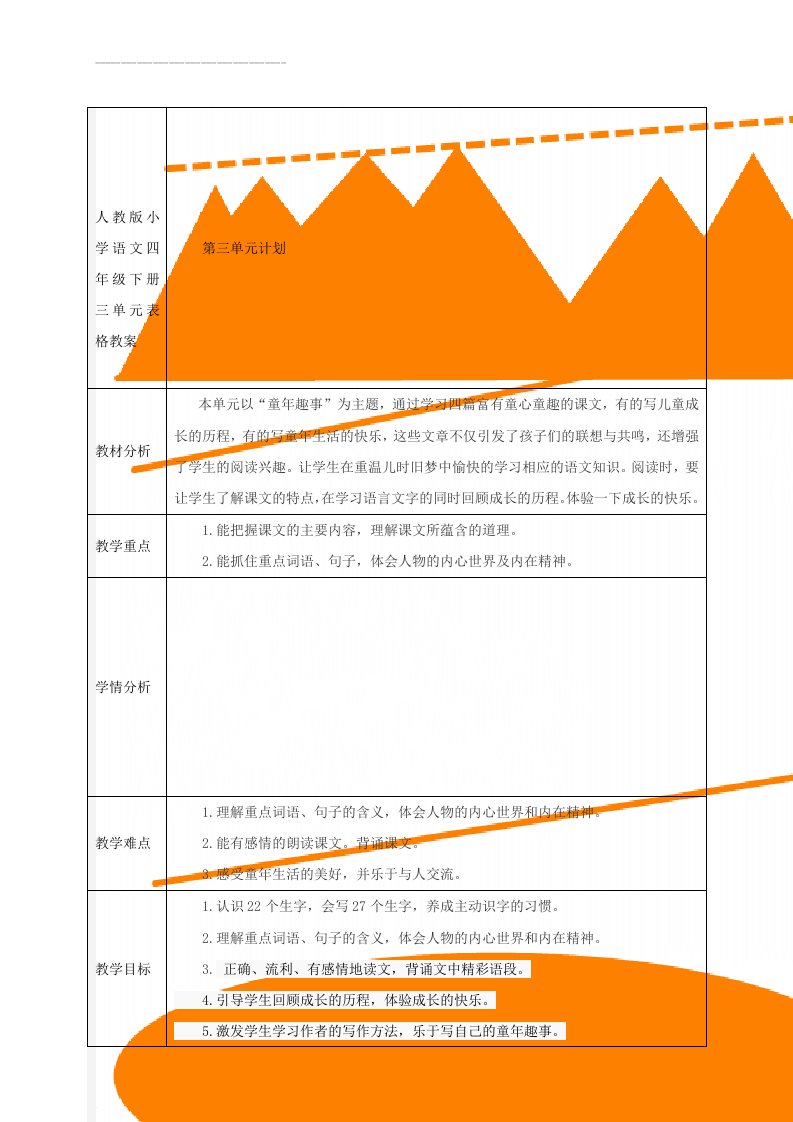 人教版小学语文四年级下册三单元表格教案(26页)