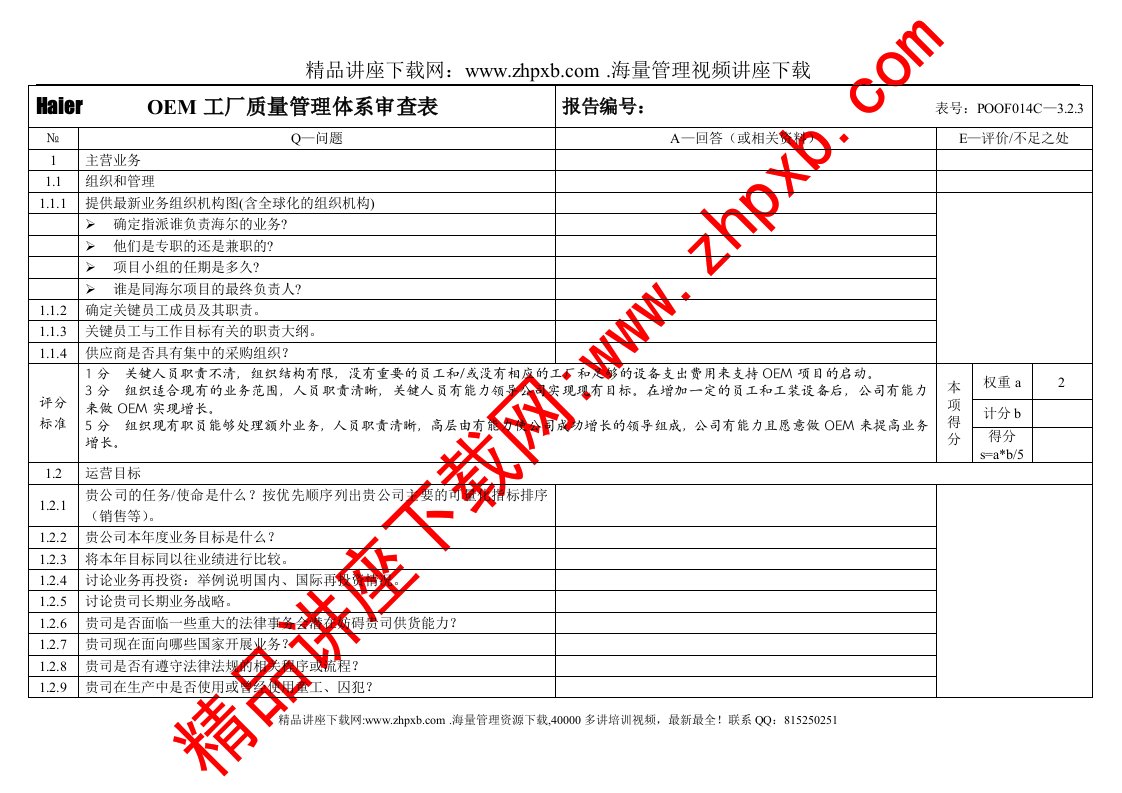 oem工厂质量管理体系审查表海尔(1)