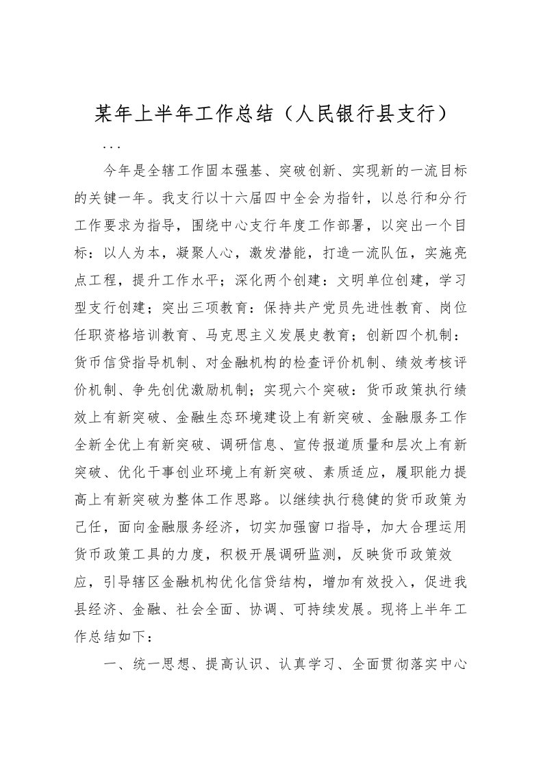 2022某年上半年工作总结人民银行县支行