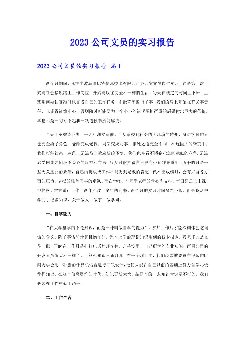 2023公司文员的实习报告