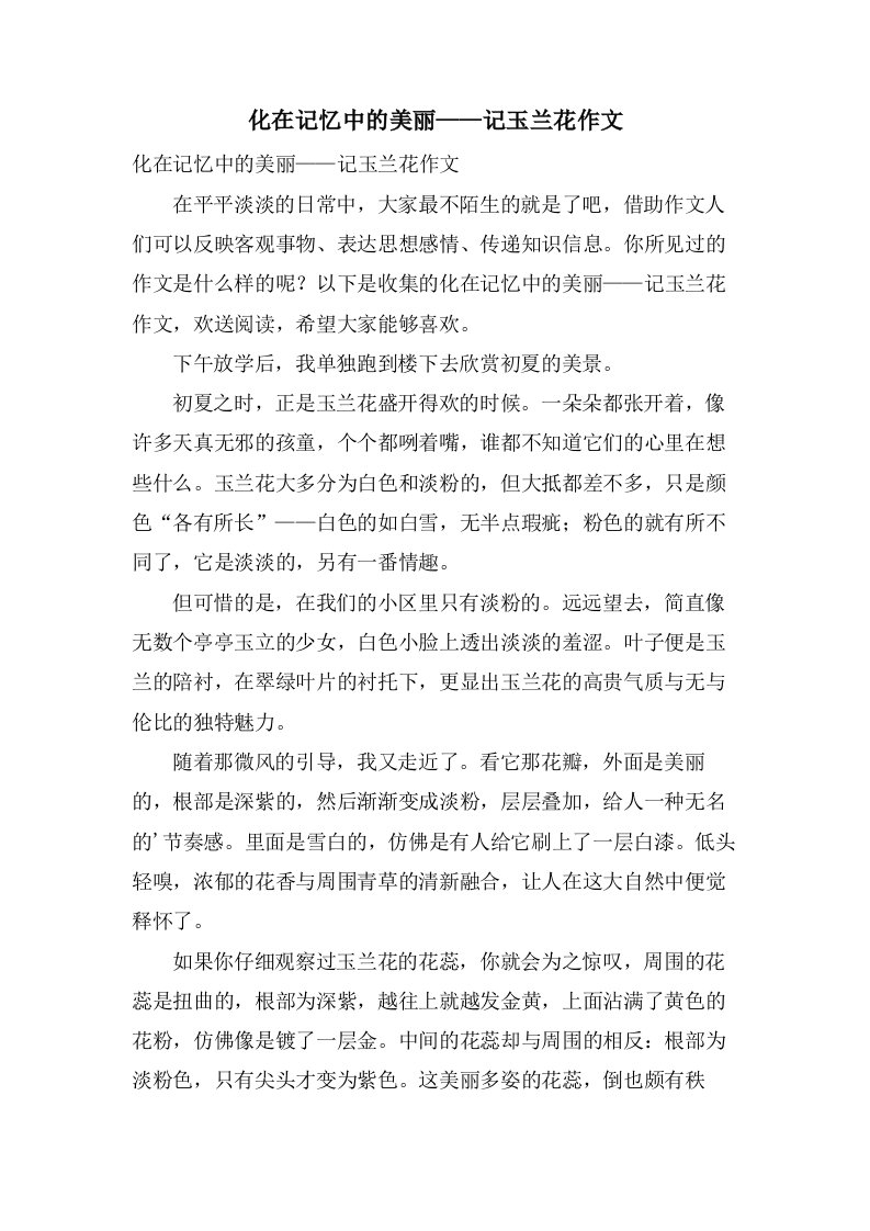 化在记忆中的美丽——记玉兰花作文