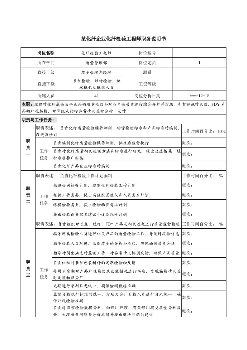 某化纤企业化纤检验工程师职务说明书