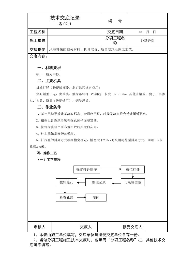 地基钎探技术交底记录