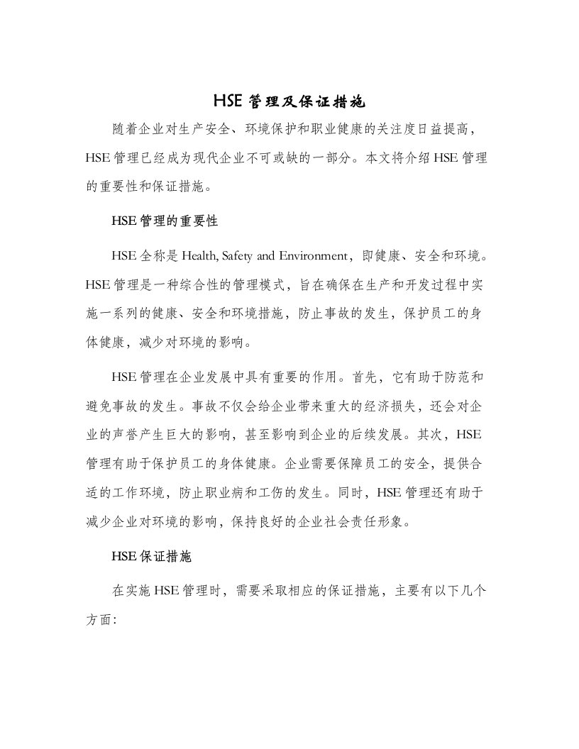 HSE管理及保证措施