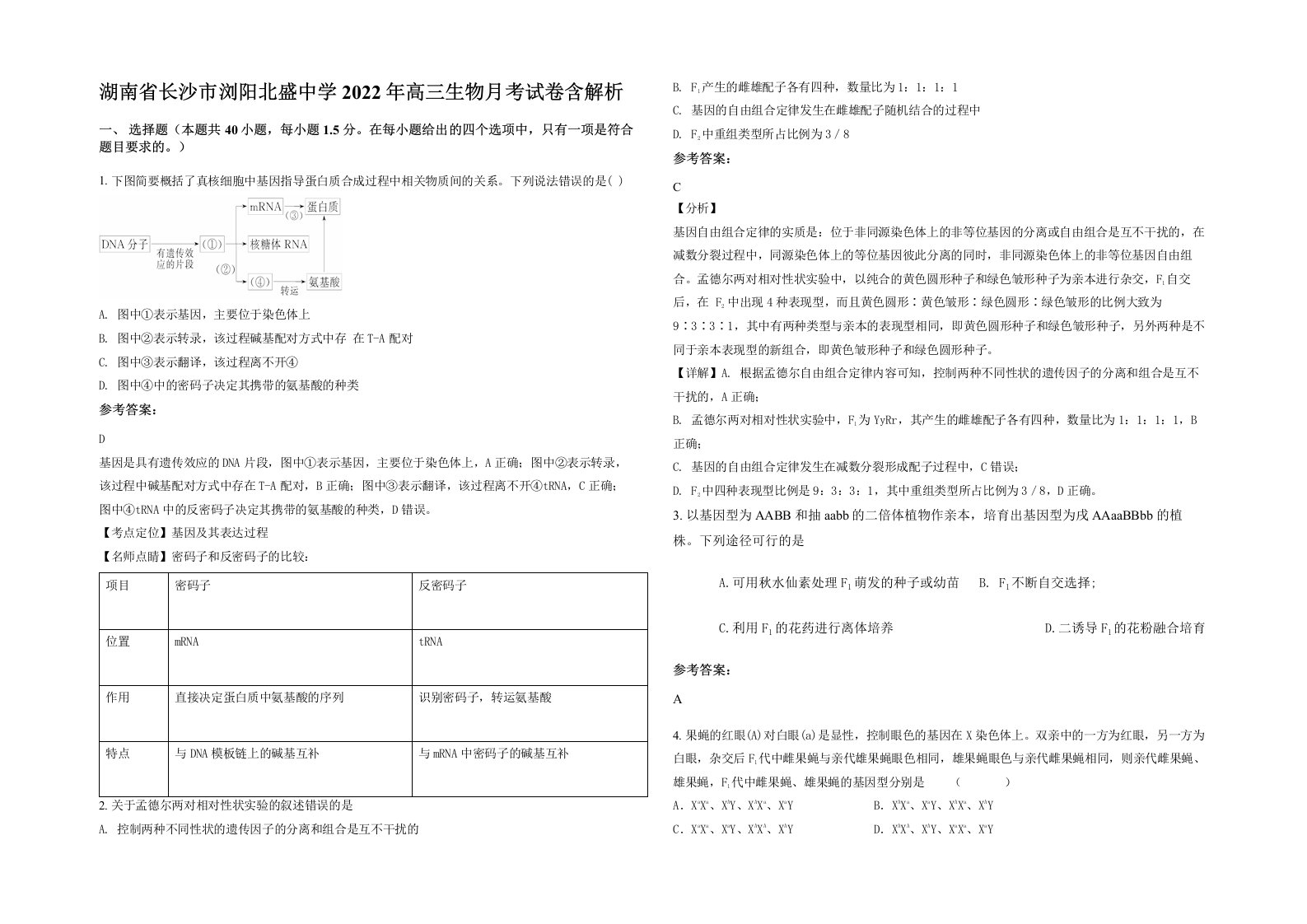 湖南省长沙市浏阳北盛中学2022年高三生物月考试卷含解析