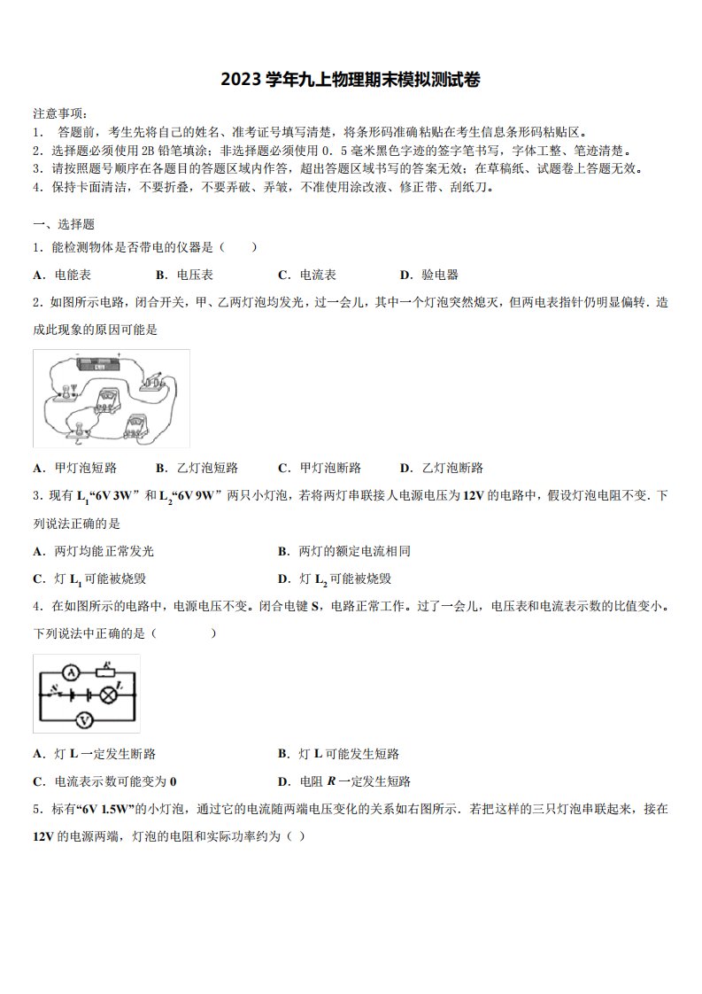 2023学年山东省烟台市莱州市物理九年级第一学期期末达标检测试题含解析精品