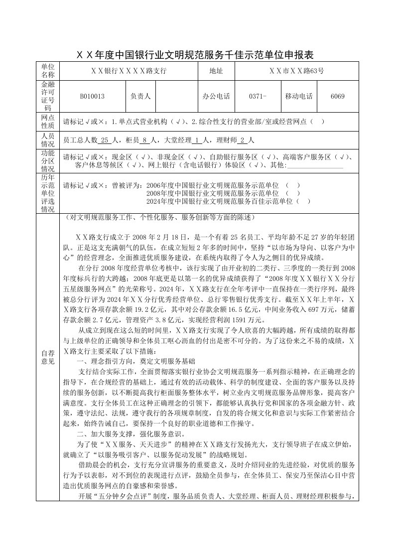 银行支行评选行业文明规范服务千佳示范单位的检查验收报告