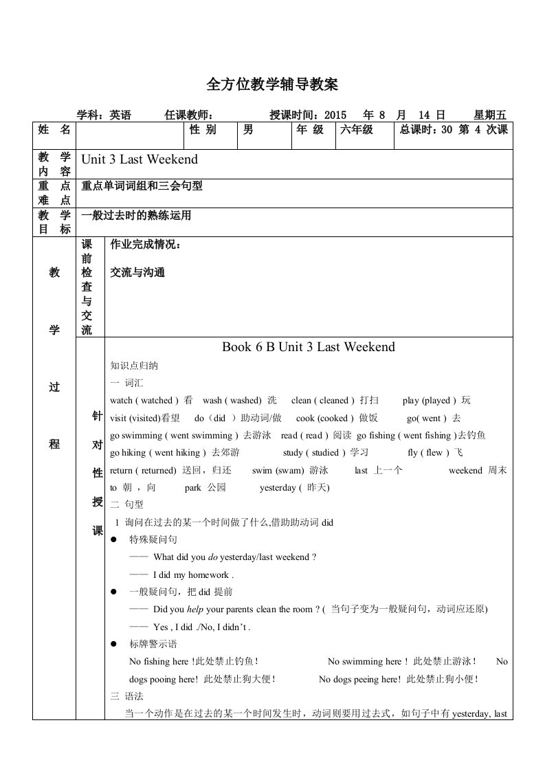 六年级下Unit3LastWeekend知识点及练习