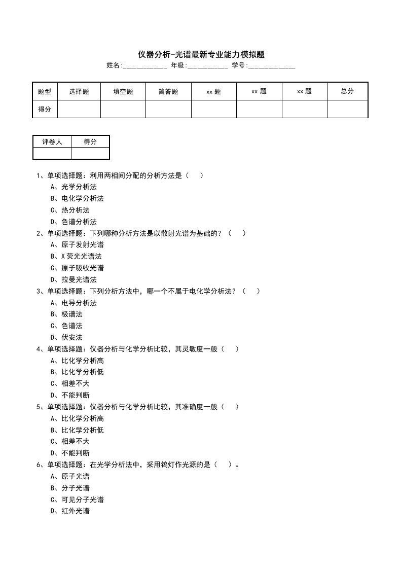 仪器分析-光谱最新专业能力模拟题