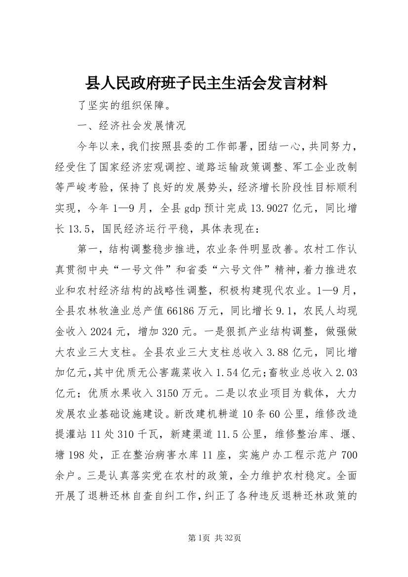 县人民政府班子民主生活会发言材料