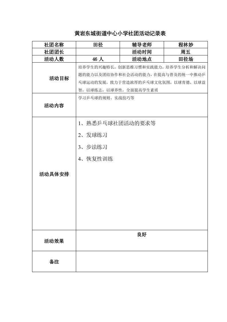 乒乓球社团活动记录表