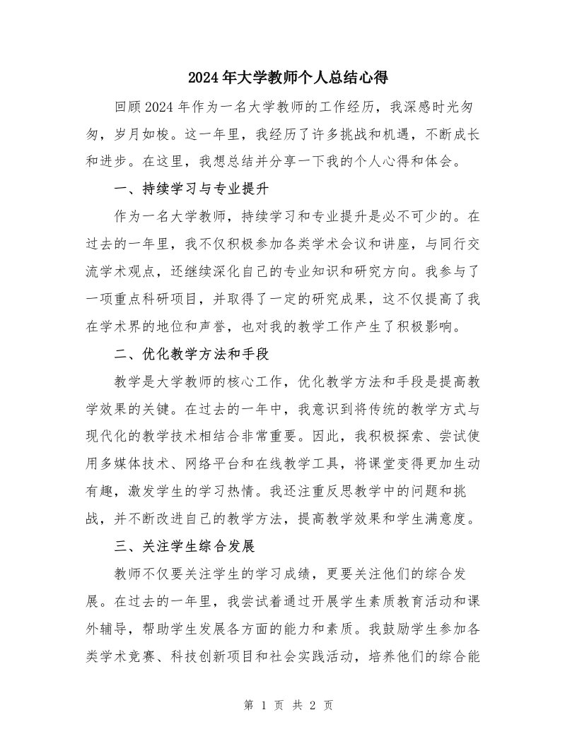 2024年大学教师个人总结心得