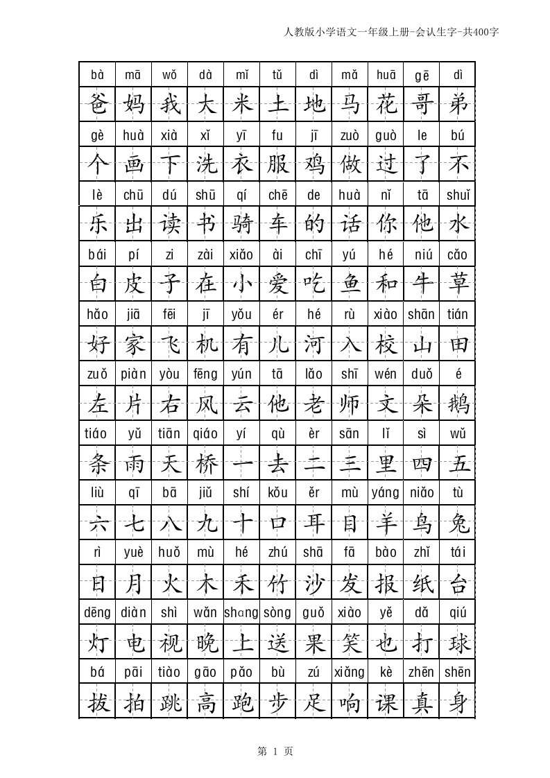 人教版一年级上下册田字格生字表(带拼音可编辑)