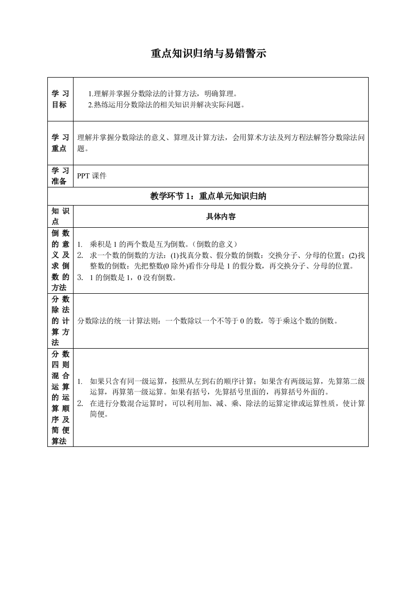 人教版小学六年级上册数学重点知识归纳与易错警示导学案