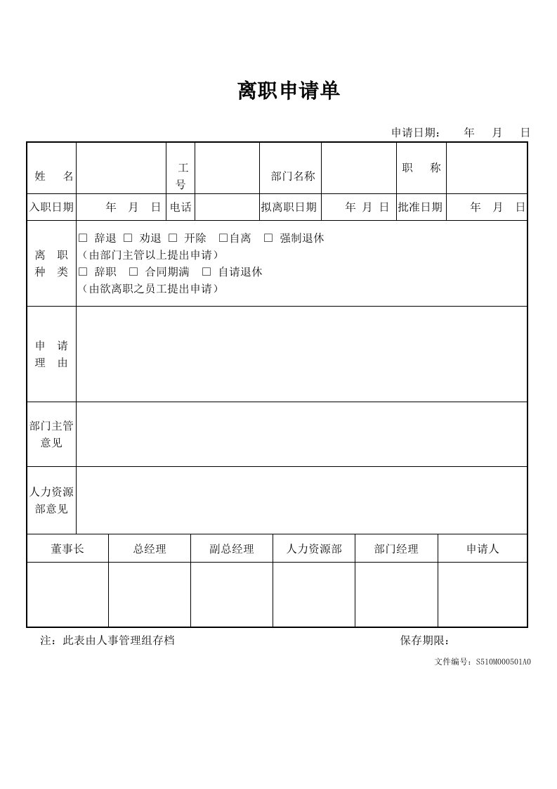 员工离职申请单